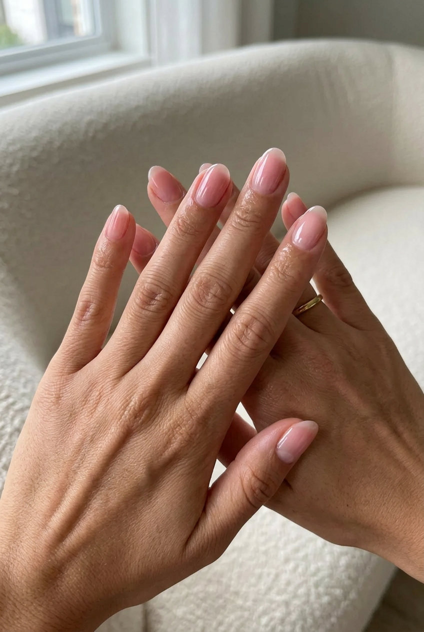 Sheer Pink Jelly Ombre Nails 2026 Sheer pink jelly ombre short simple summer gel nails 2026. Romantic, ethereal look for wedding guest or date night.