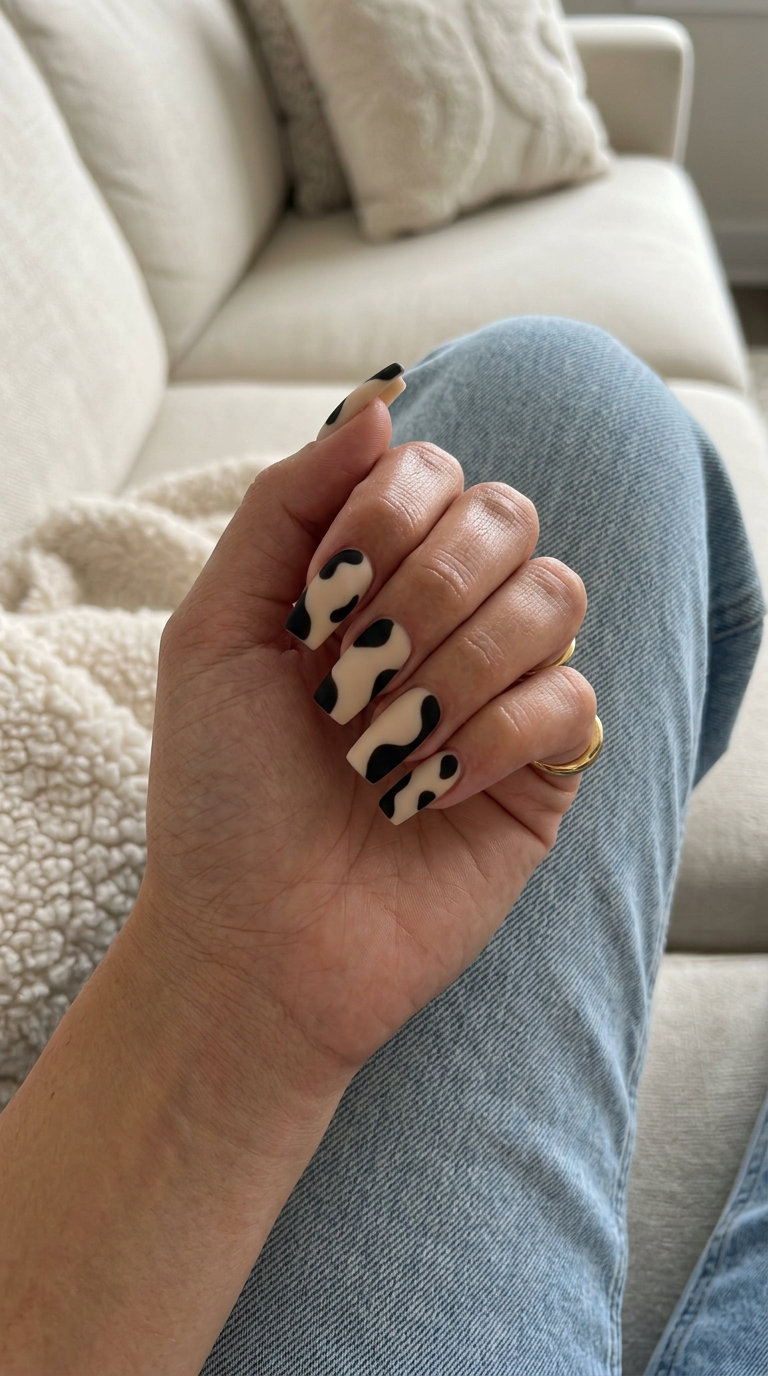 Art Studio Matte Nails 2026: Edgy Party Style Art Studio Matte Nails: Edgy creamy beige with bold matte black abstract shapes for parties.