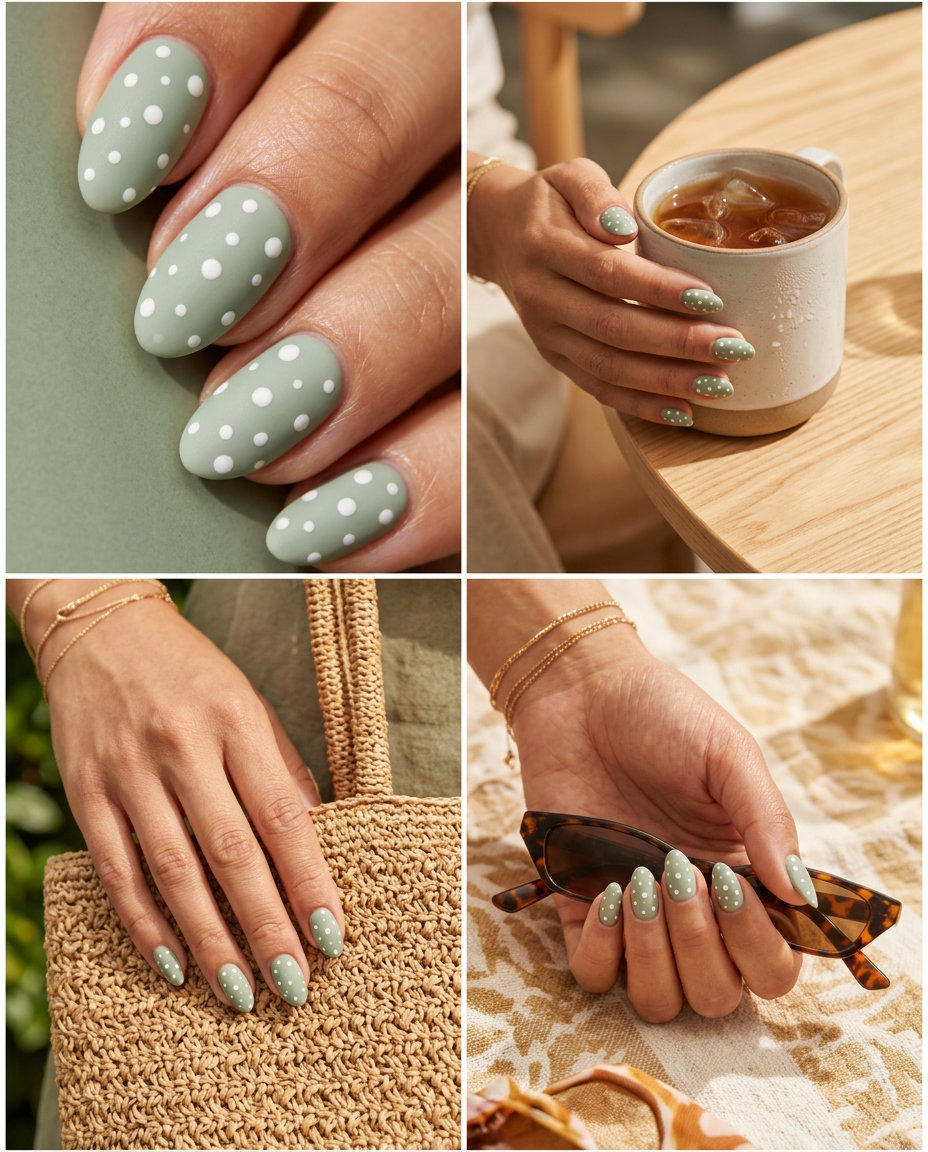 Daisy Field Matte Nails 2026: Casual Summer Fun Daisy Field Matte Nails: Playful sage green matte nails with scattered white dots for summer 2026.