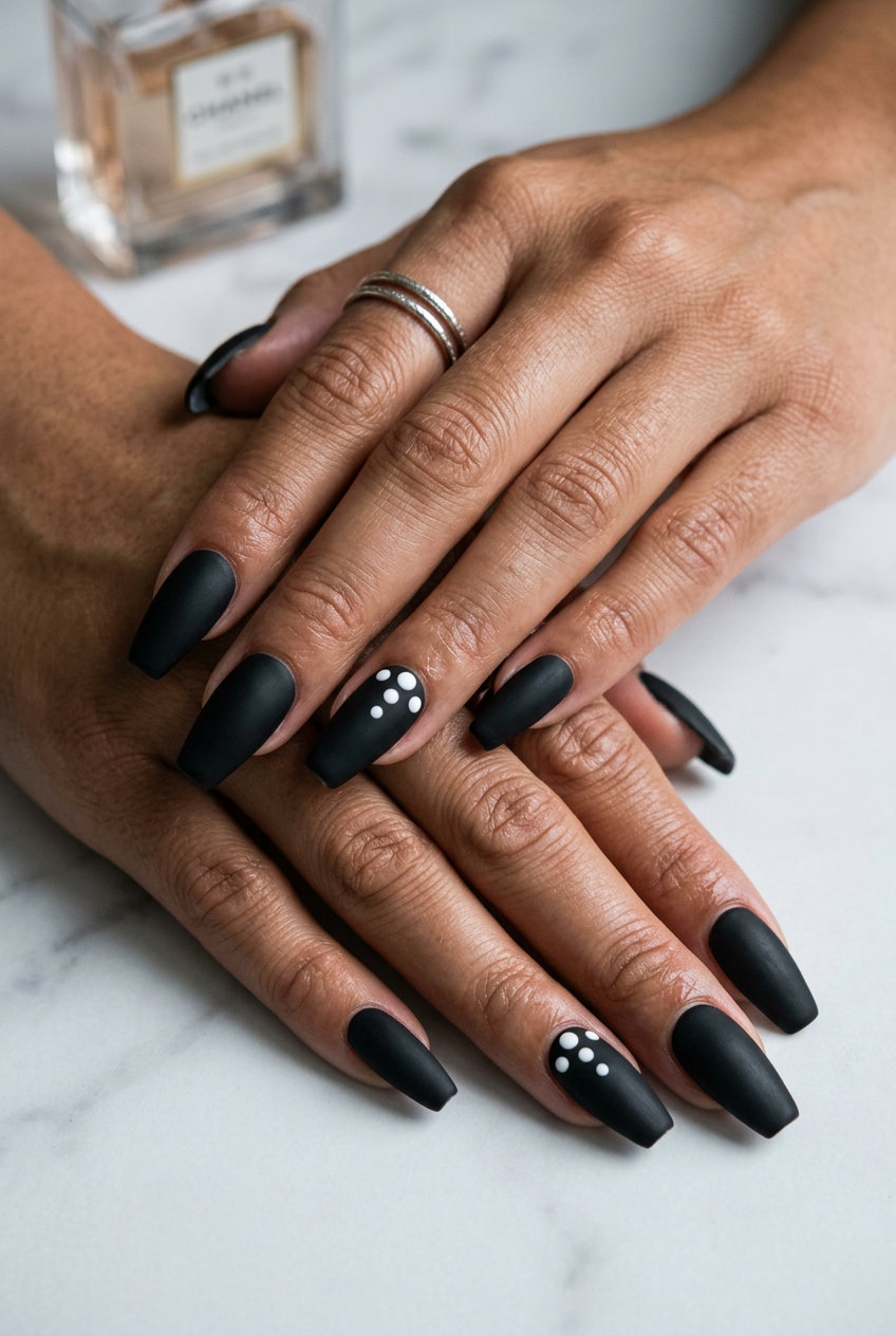 Matte Black Minimalist Dots 2026: Edgy Party Look Matte Black Minimalist Dots: Edgy matte black nails with simple matte white dots for parties.
