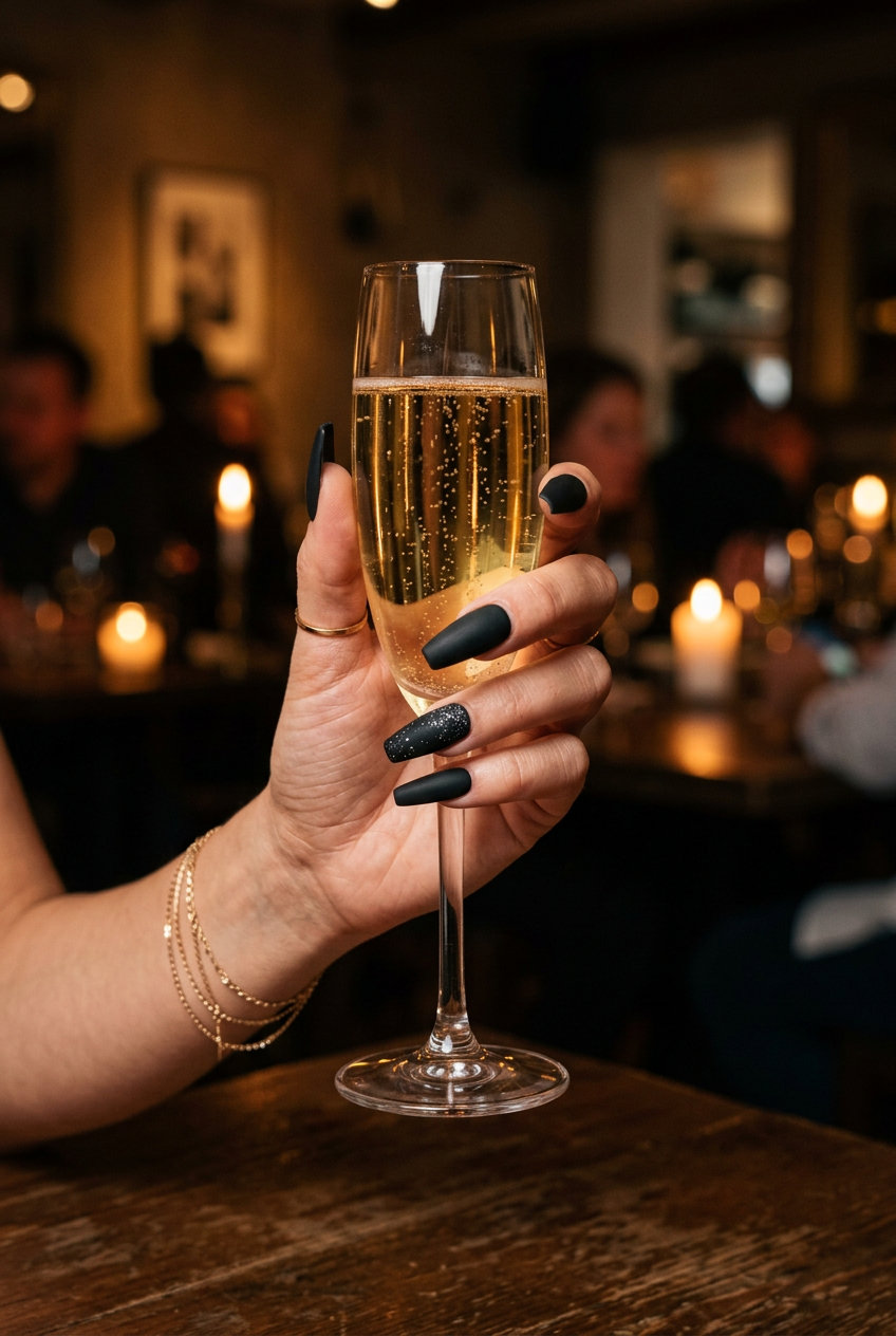 Midnight Sparkle Matte Nails 2026: Glamorous Night Out Midnight Sparkle Matte Nails: Glamorous matte black with subtle silver glitter accents for parties.
