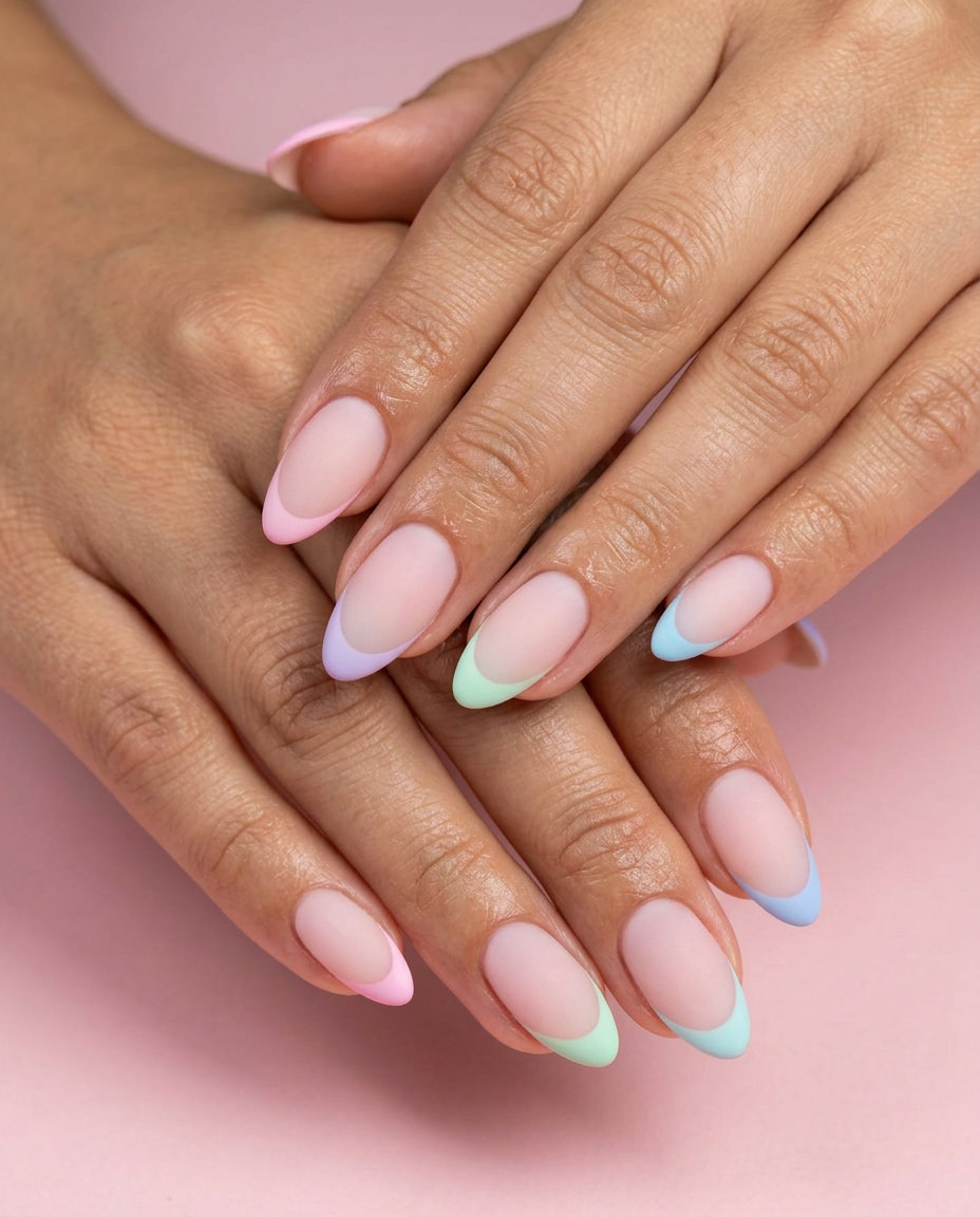 Rainbow Cloud Matte French Tips 2026: Playful Summer Rainbow Cloud Matte French Tip: Playful pastel gradient French tips for summer 2026.
