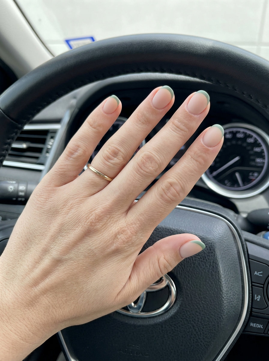 Sage Green Matte French Nails 2026 | Chic Office Style Sage Green Matte Micro French nails for summer matte nails 2026. Chic, minimalist office-appropriate look.