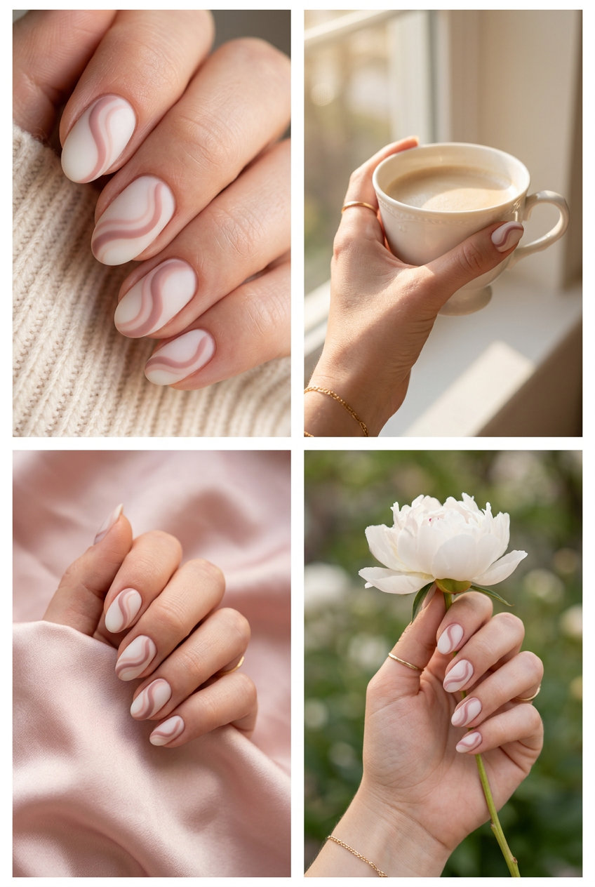 Whisper Soft Swirls Matte Nails 2026: Romantic Elegance Whisper Soft Swirls Matte: Romantic dusty rose swirls on a milky base for elegant nails.