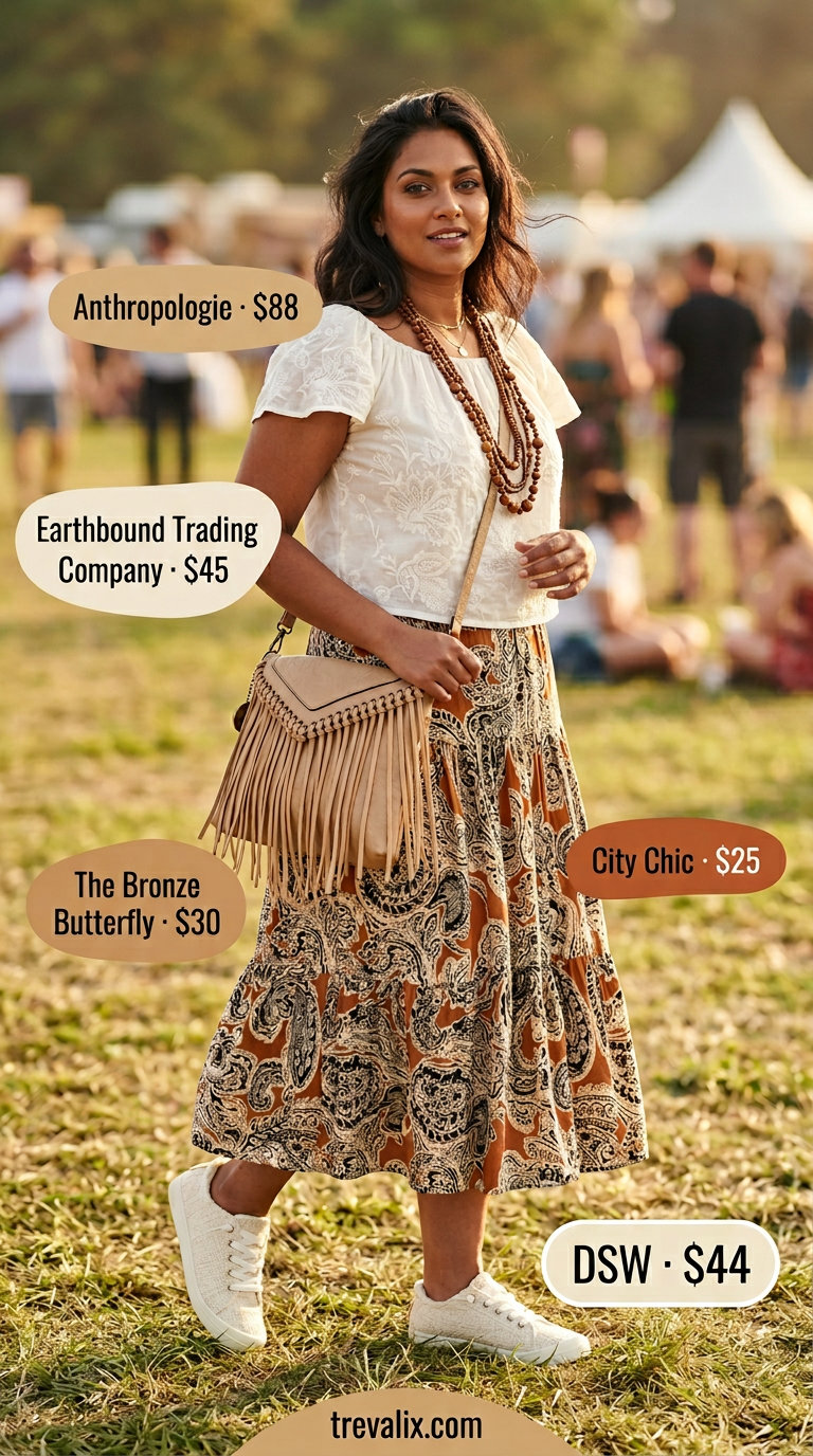 Terracotta paisley maxi skirt, canvas sneakers, and peasant blouse for boho style. 2026.