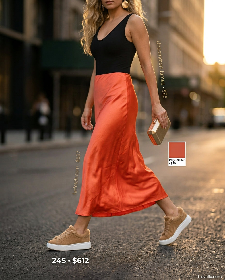 Elegant Summer Maxi Skirt and Sneakers Outfits 2026: Coral satin skirt, black bodysuit, gold statement earrings, sneakers.