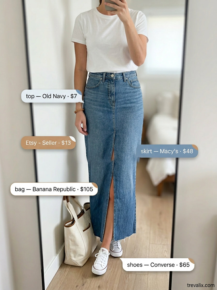 Casual Summer Maxi Skirt and Sneakers Outfits 2026: Denim maxi skirt, white tee, white sneakers, canvas tote.