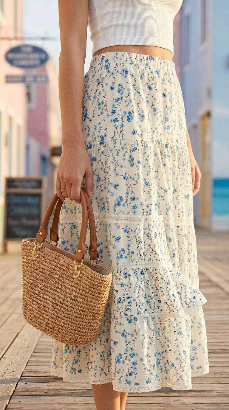 Relaxed Summer Maxi Skirt and Sneakers Outfits 2026: Floral maxi skirt, white tank, woven tote, canvas sneakers.