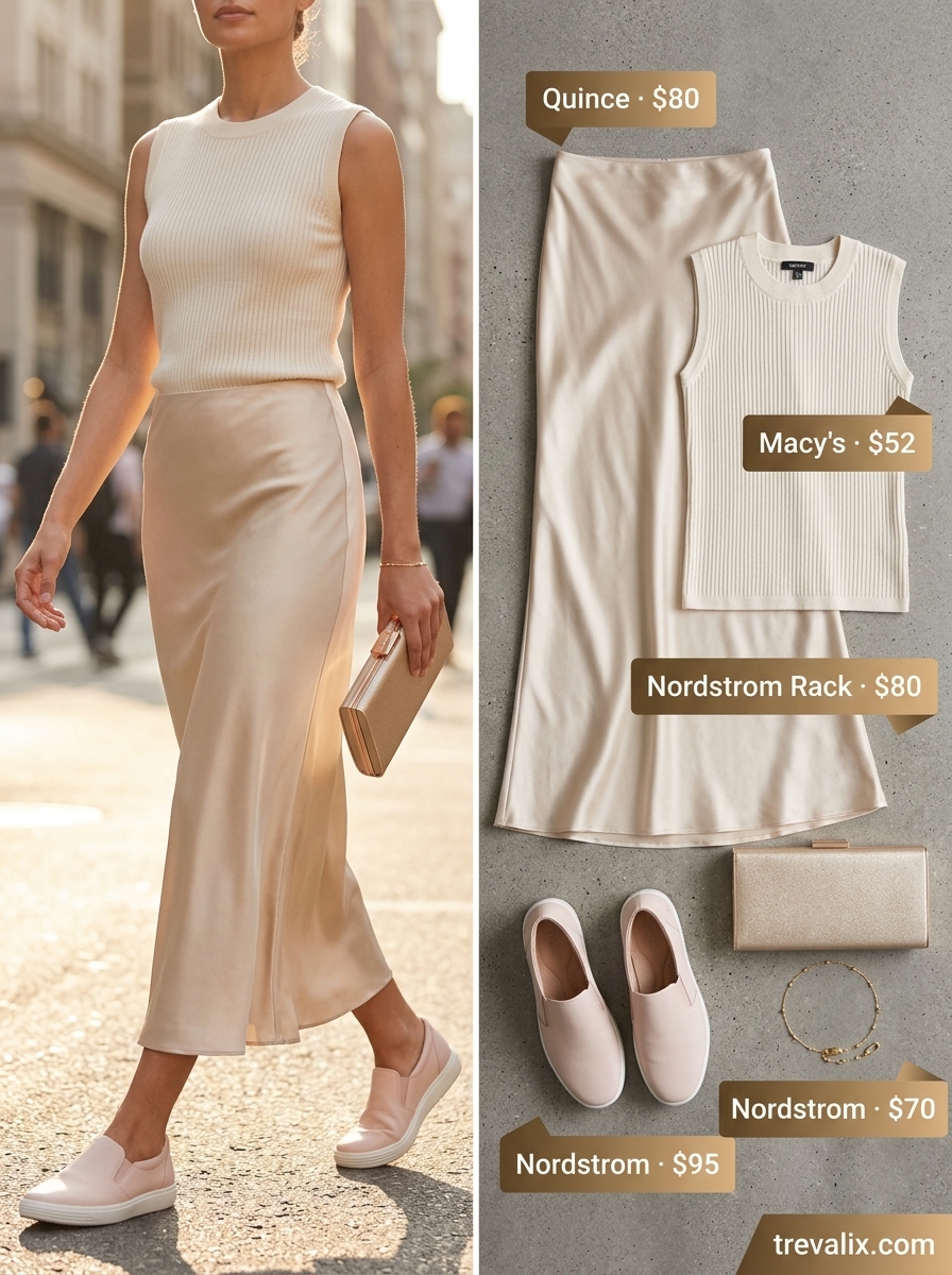 Gold satin maxi skirt, knit top, and nude sneakers for an elegant evening look. 2026.