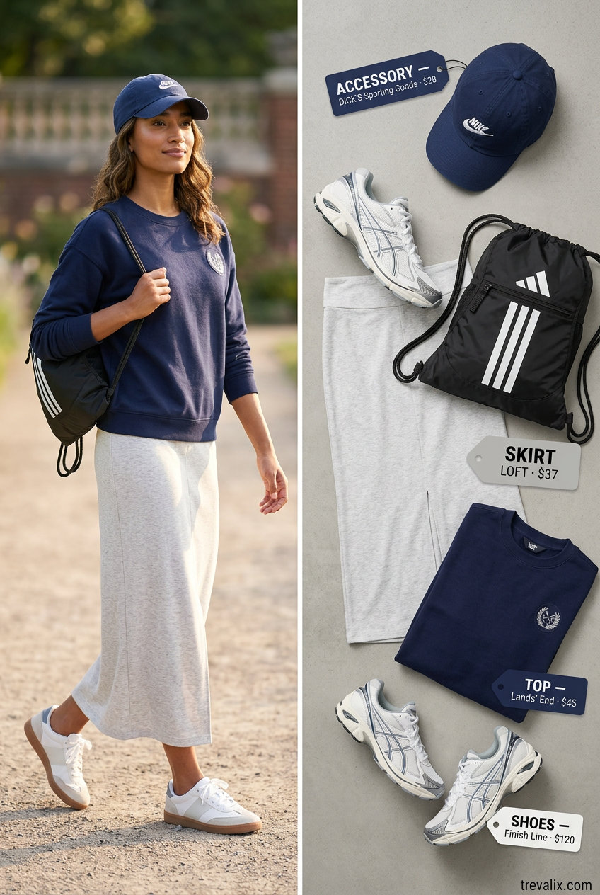 Athleisure Summer Maxi Skirt and Sneakers Outfits 2026: Grey jersey skirt, navy sweatshirt, white sneakers, baseball cap.