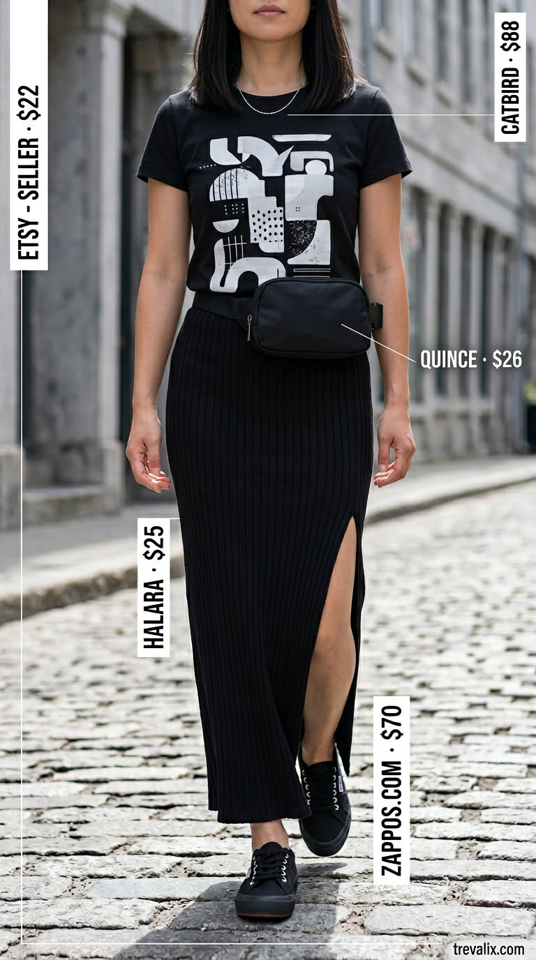 Black knit maxi skirt, graphic tee, and black sneakers for a cool, modern look. 2026.