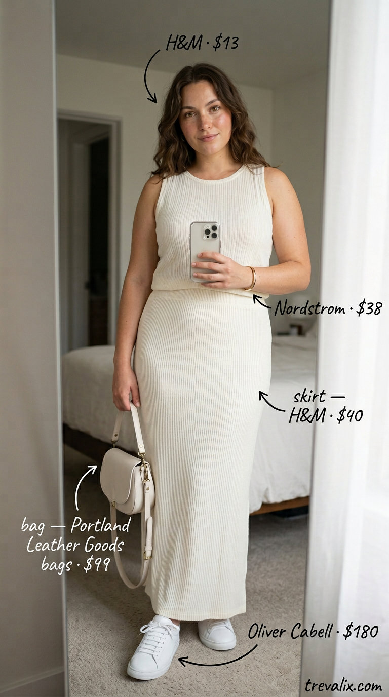 Monochromatic Summer Maxi Skirt and Sneakers Outfits 2026: Cream knit tank, beige ribbed maxi skirt, white sneakers, gold accents.