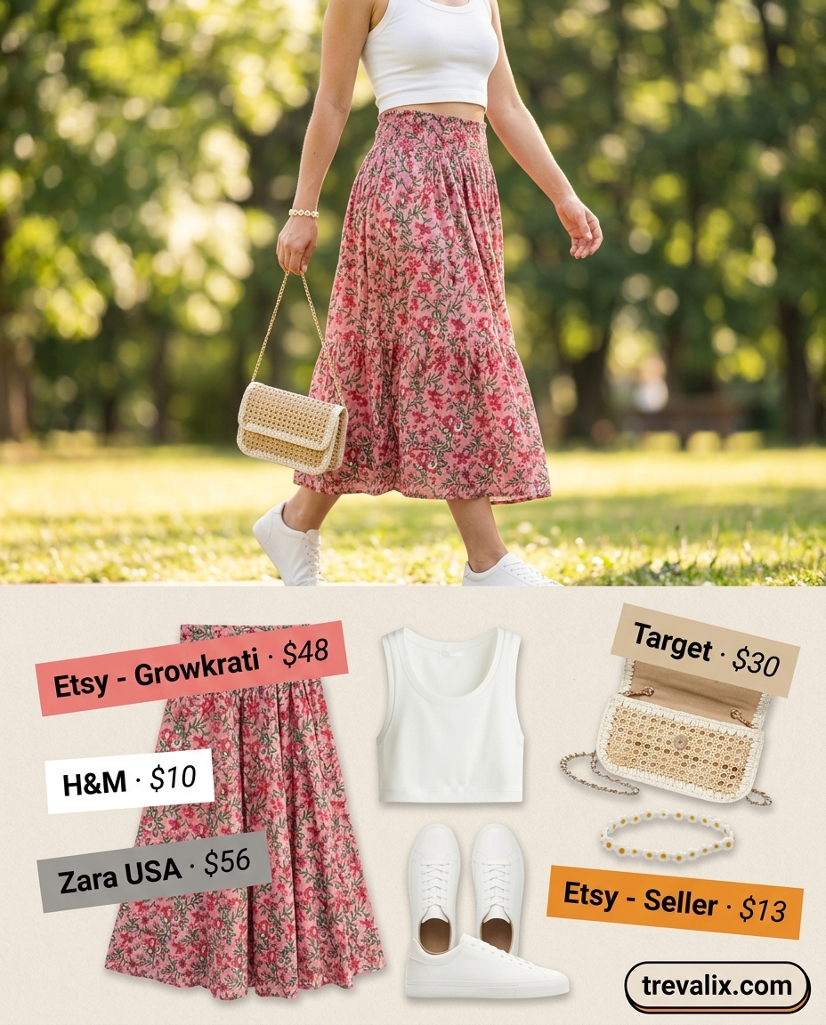 Pale pink floral maxi skirt, white sneakers, and cropped tank for a picnic outfit. 2026.
