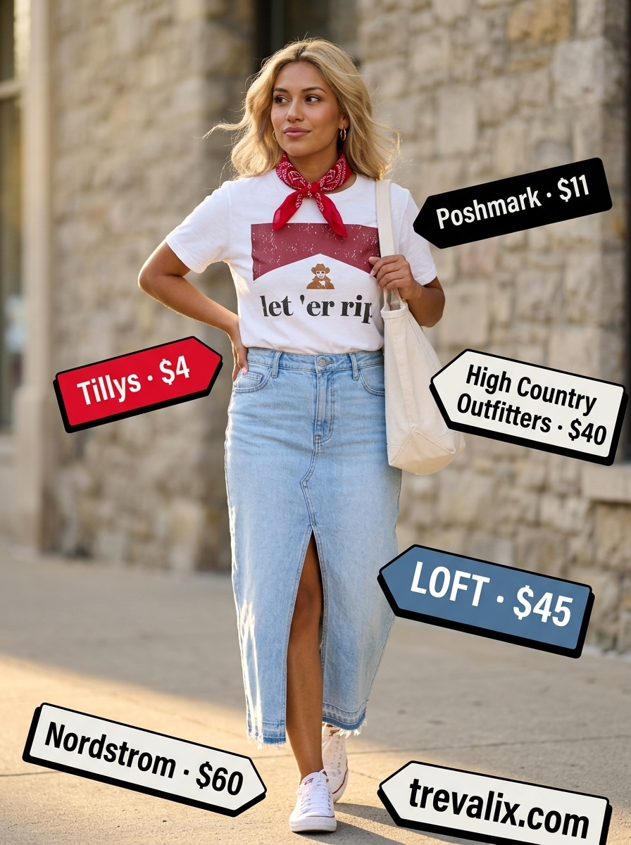 Denim maxi skirt, vintage graphic tee, and canvas sneakers for a retro vibe. 2026.