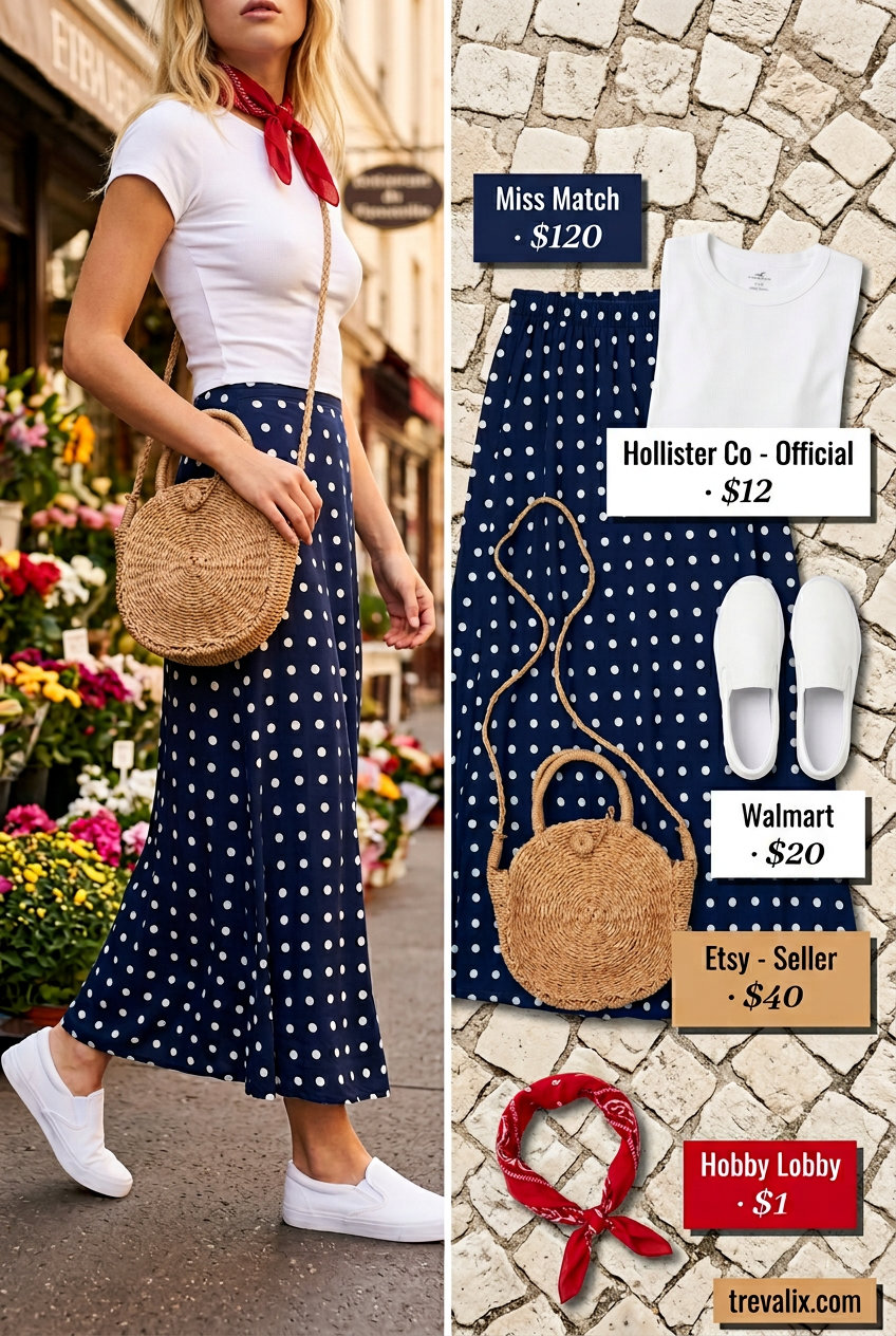 Retro Summer Maxi Skirt and Sneakers Outfits 2026: Navy polka dot skirt, white tee, red bandana, straw bag, white sneakers.