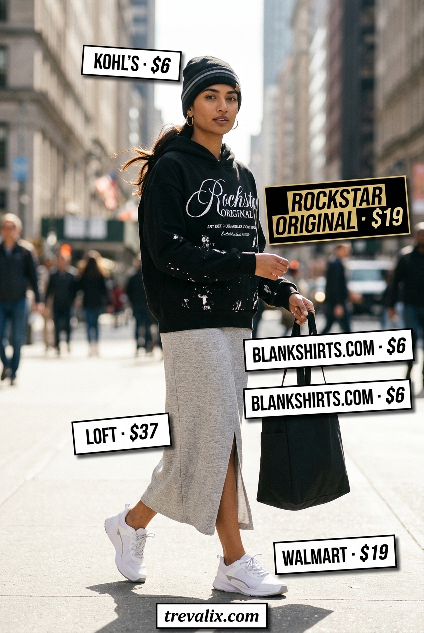 Grey jersey maxi skirt, graphic hoodie, and athletic sneakers for a sporty look. 2026.