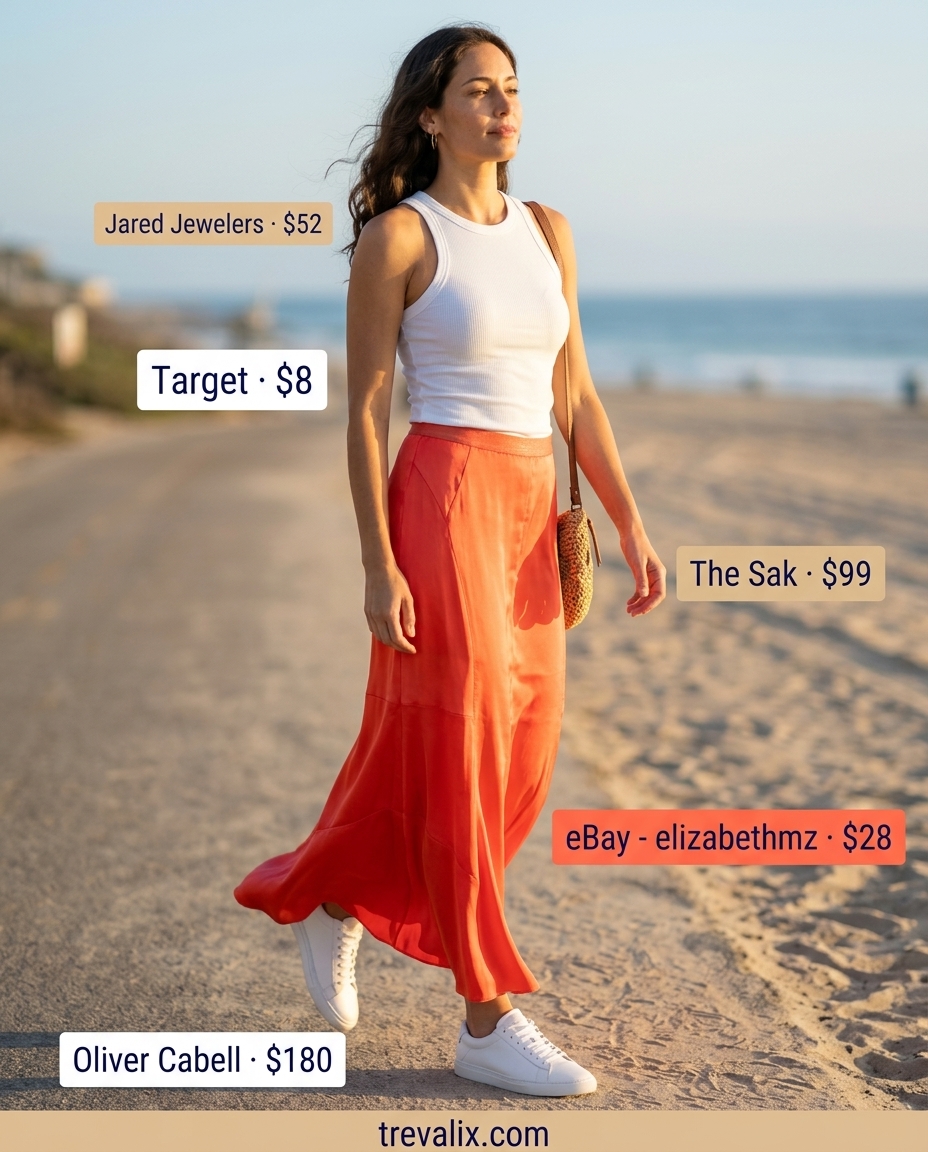 Coral flowy maxi skirt and white sneakers for a summer evening outfit. 2026 style.
