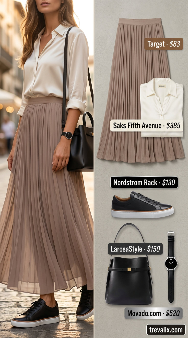 Chic Summer Maxi Skirt and Sneakers Outfits 2026: Taupe pleated skirt, ivory silk blouse, black sneakers, leather tote.