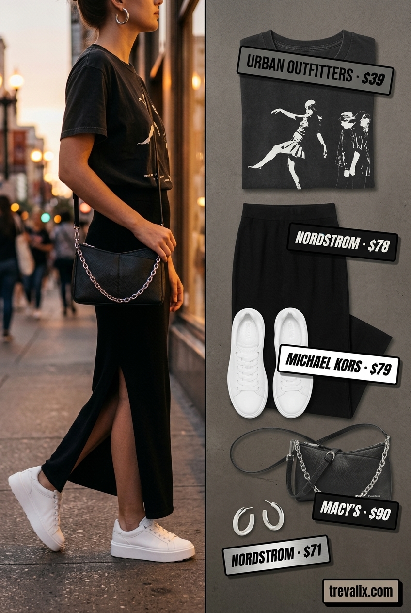 Black knit maxi skirt, band tee, and platform sneakers for an edgy urban look. 2026.