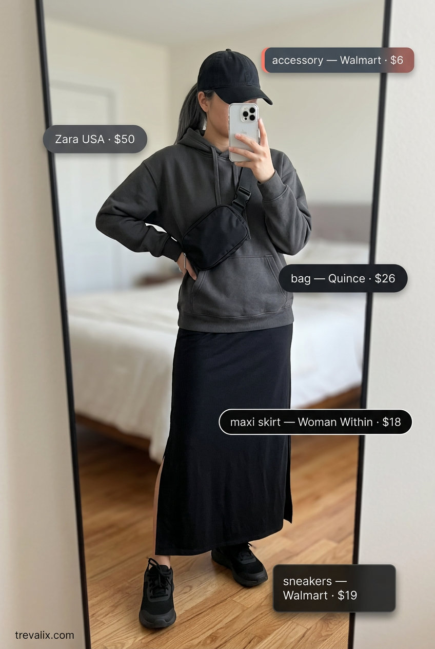 Athleisure black maxi skirt outfit with hoodie and athletic sneakers for travel 2026.