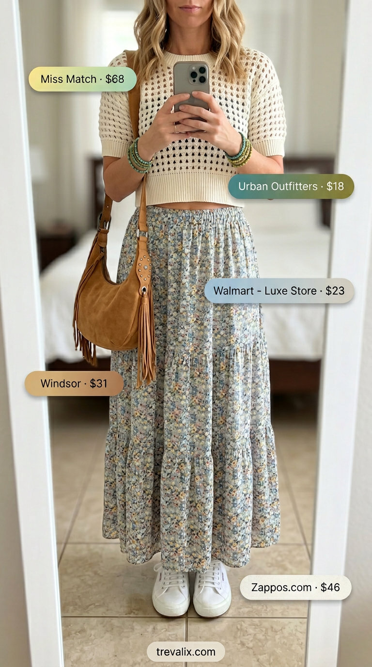 Boho maxi skirt outfit with crochet top and sneakers for festivals or casual summer days 2026.
