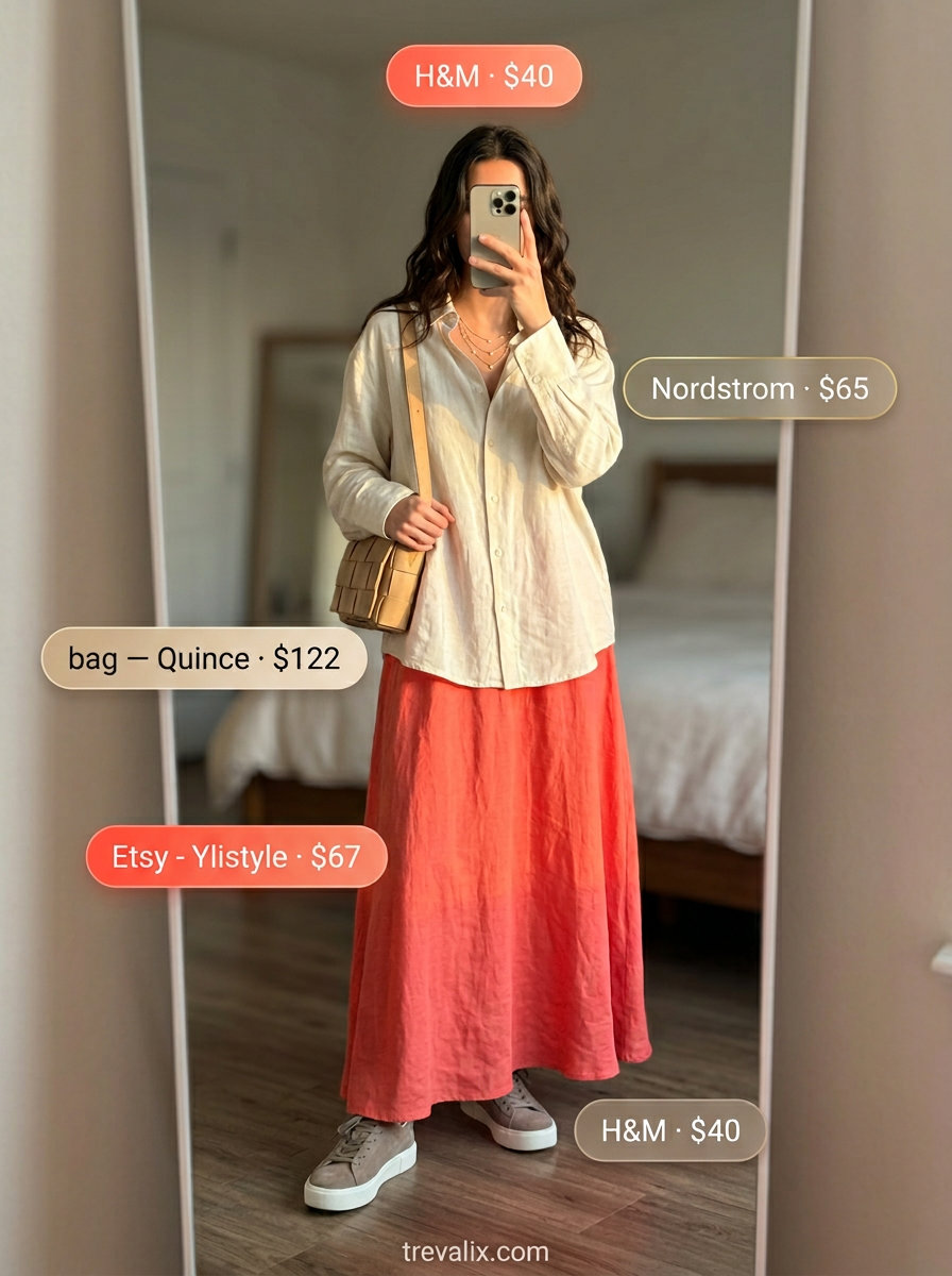 Sunset Glow summer maxi skirt outfit with coral linen skirt and minimalist sneakers 2026.
