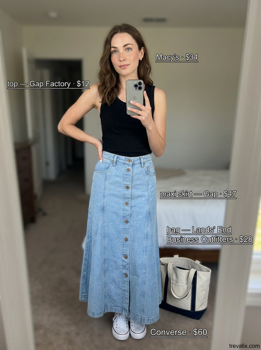 Denim Dream Day light wash denim maxi skirt outfit with black tank and white sneakers 2026.