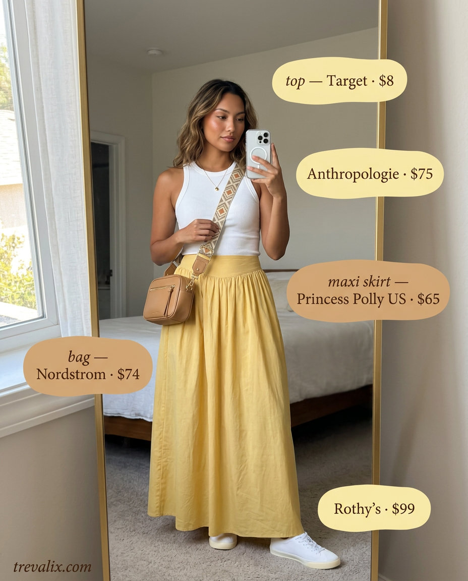 Golden Hour Goddess summer maxi skirt outfit with linen skirt and white sneakers 2026.