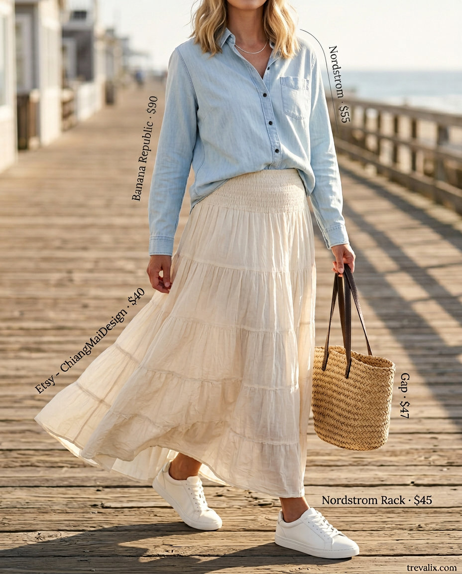 Coastal Breeze ivory maxi skirt outfit with chambray shirt and straw tote 2026.