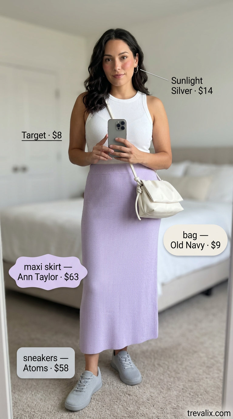 Pastel lavender maxi skirt outfit with ribbed knit and white sneakers for brunch 2026.