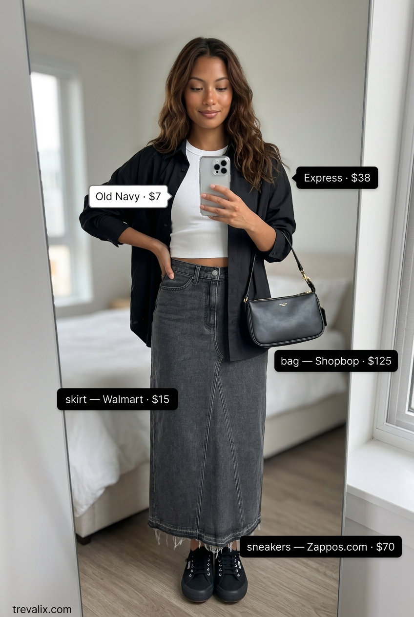 Monochrome black maxi skirt outfit with oversized shirt and black sneakers for city exploring 2026.