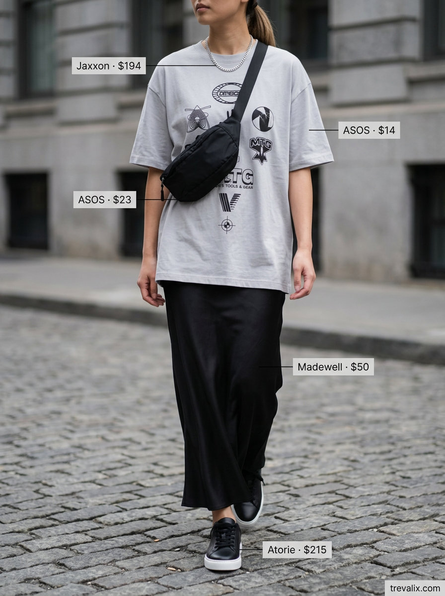 Urban Explorer Chic black satin maxi skirt outfit with graphic tee and sneakers 2026.