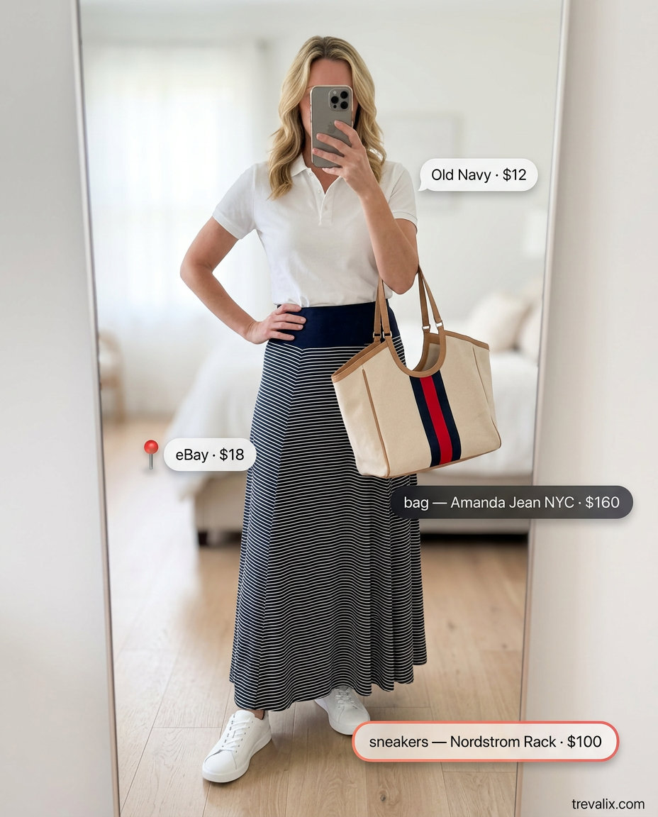 Preppy navy and white striped maxi skirt outfit with polo shirt and white sneakers 2026.
