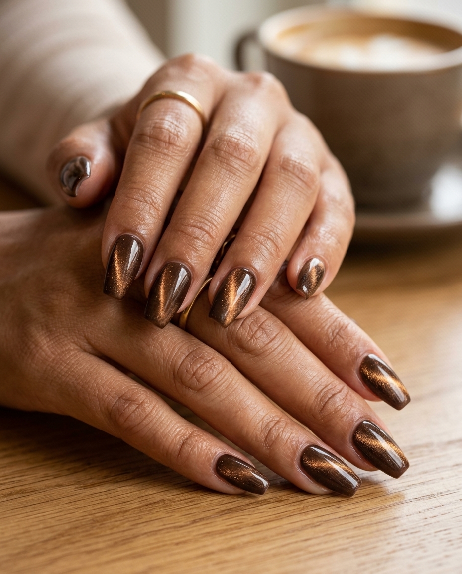Chocolate Brown Cat-Eye Coffin nails: deep brown with bronze shift, perfect for date night summer medium nails 2026.