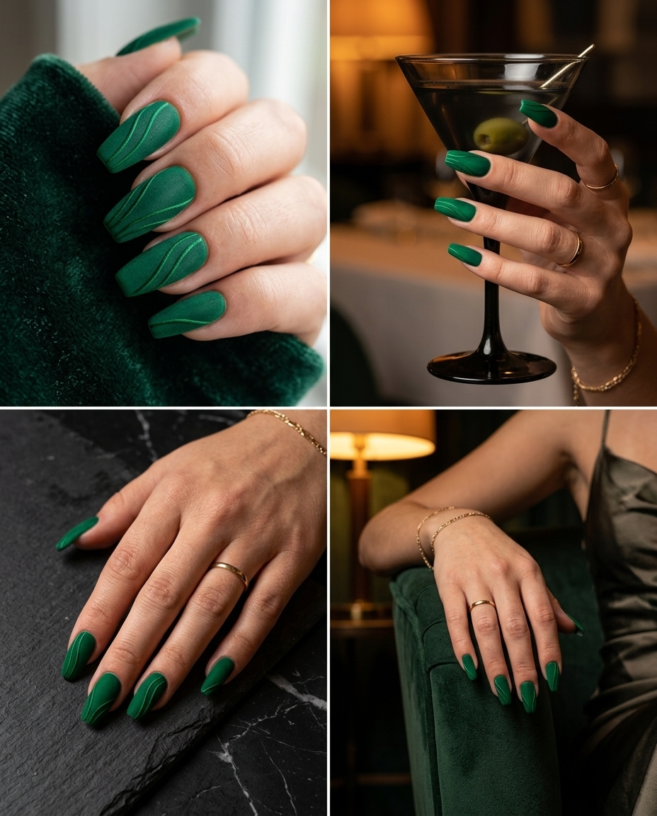 Emerald green lines on black velvet matte coffin nails for summer medium nails 2026.