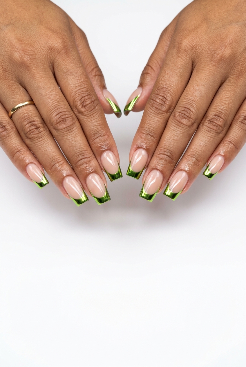 Lime Green Chrome French nails for summer medium nails 2026, edgy for parties and summer events.