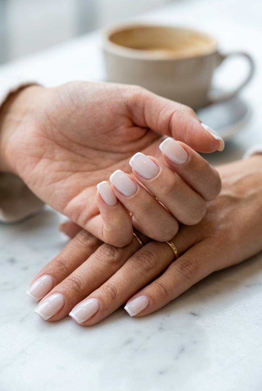 Milky White Micro French nails: clean, polished, semi-sheer base, ideal for work summer medium nails 2026.
