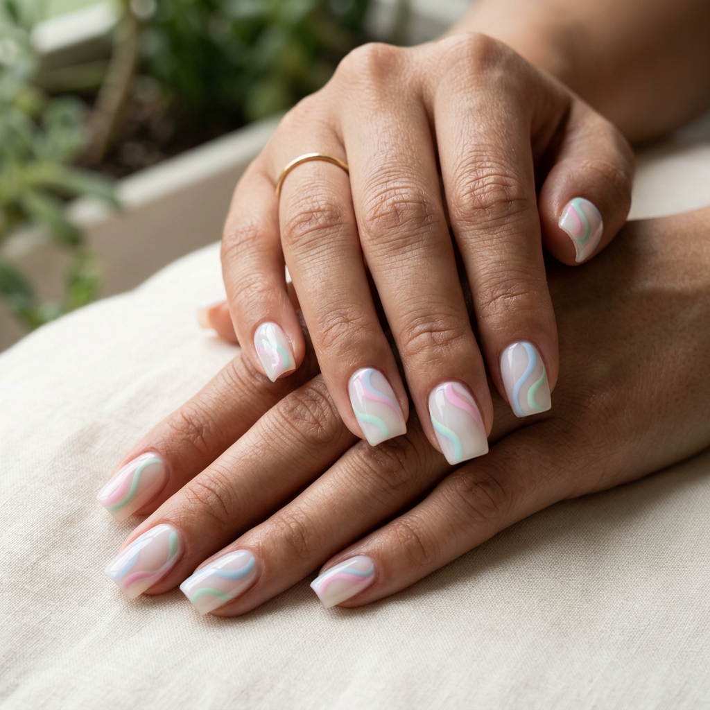Pastel Swirl Dream Square nails: playful swirls in pink, blue, mint, perfect for festivals summer medium nails 2026.