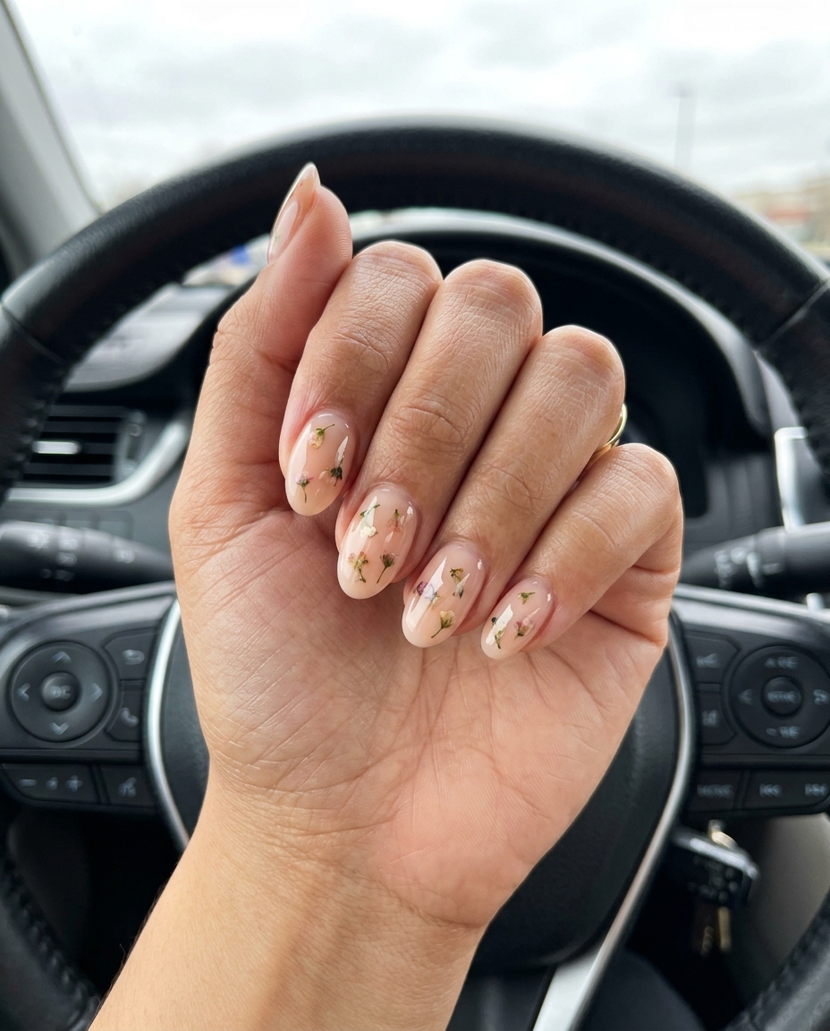 Milky peach nude oval nails with embedded dried flowers for summer medium nails 2026.