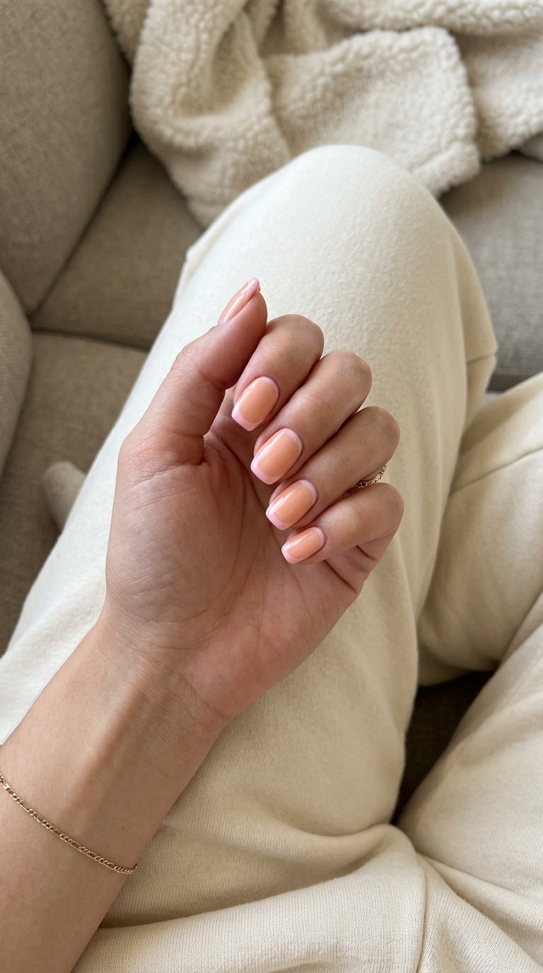 Peach Pink Reverse French nails for summer medium nails 2026, romantic for date night and summer evenings.