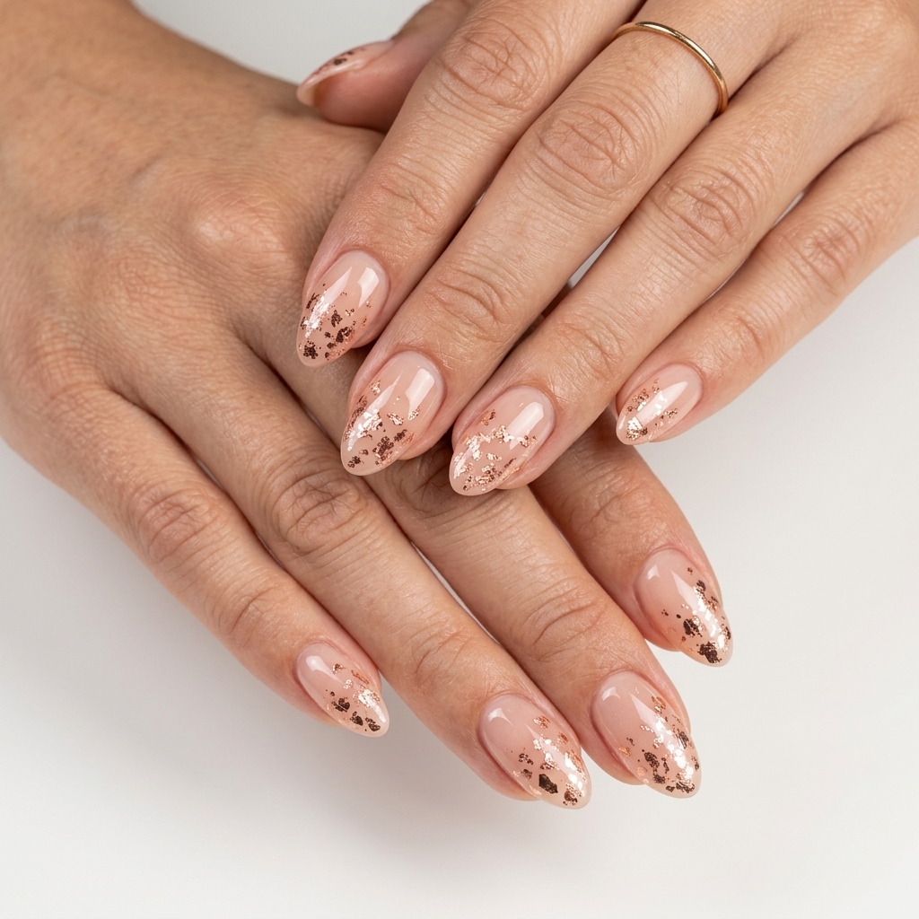 Sheer nude almond nails with scattered rose gold foil flakes for summer medium nails 2026.
