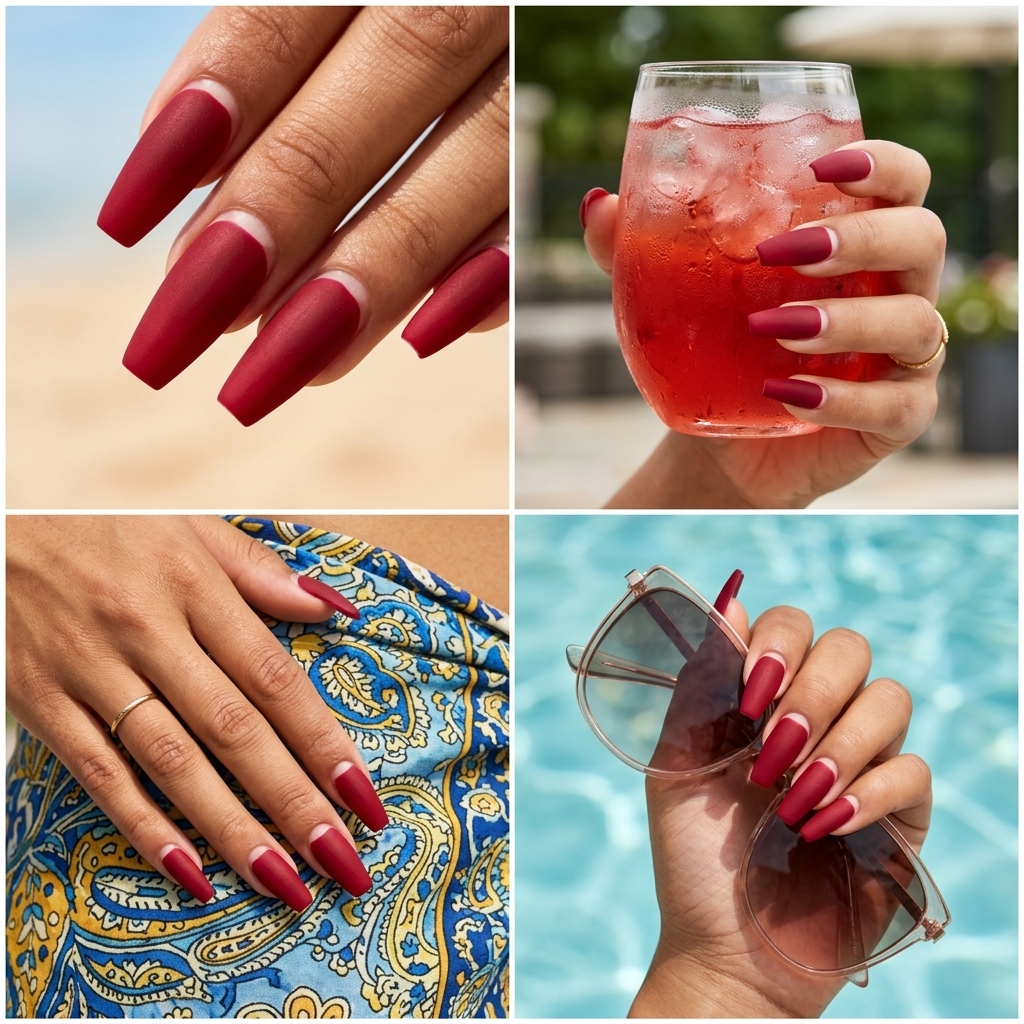 Deep red velvet matte coffin nails with negative space for summer medium nails 2026.
