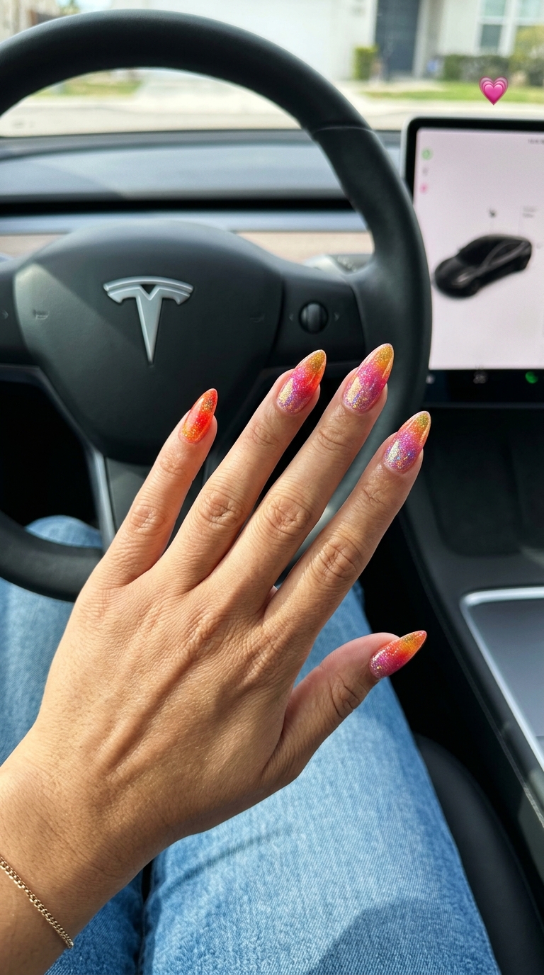 Sunset Ombre Glitter Stiletto nails for summer medium nails 2026, glamorous for parties and night outs.