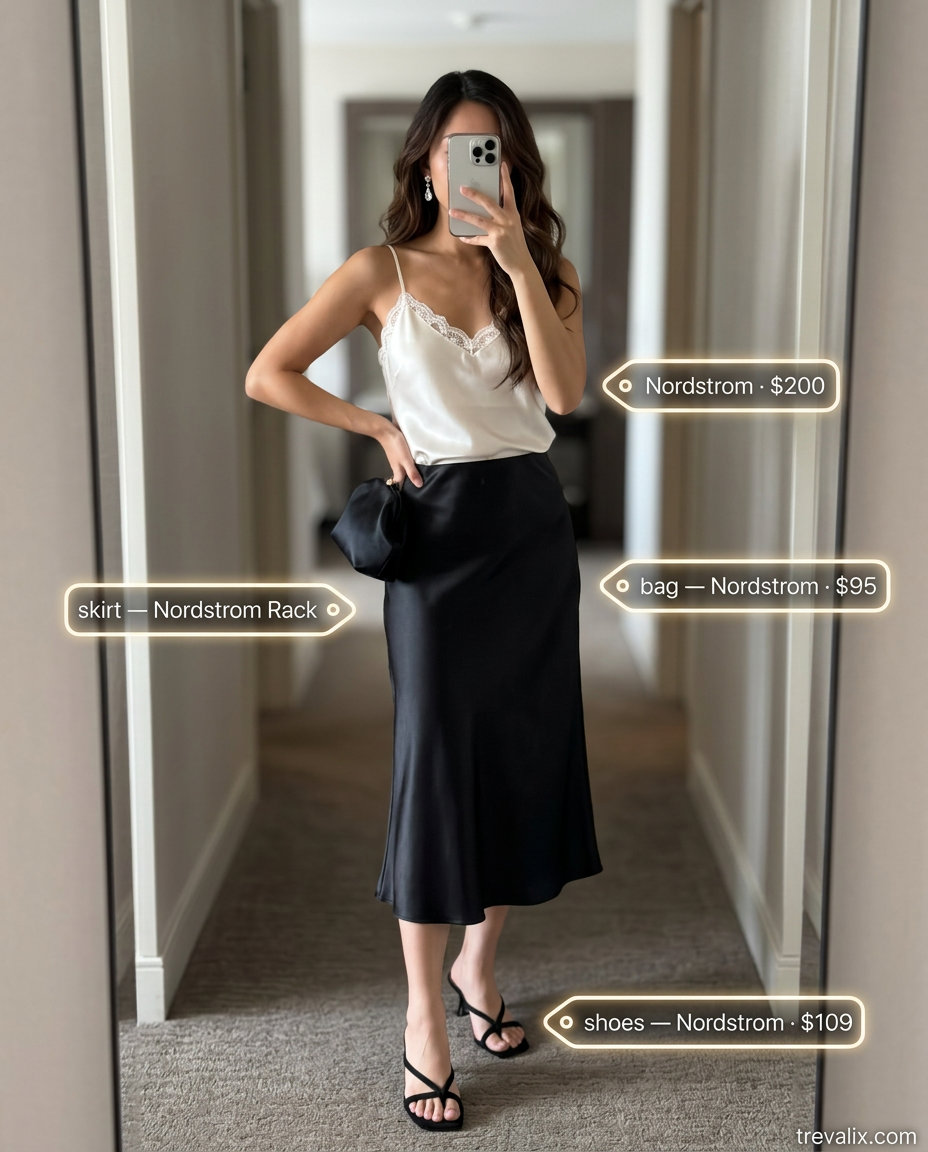 Elegant black satin midi skirt outfit for cocktail party 2026. Lace camisole, heeled sandals, and clutch.