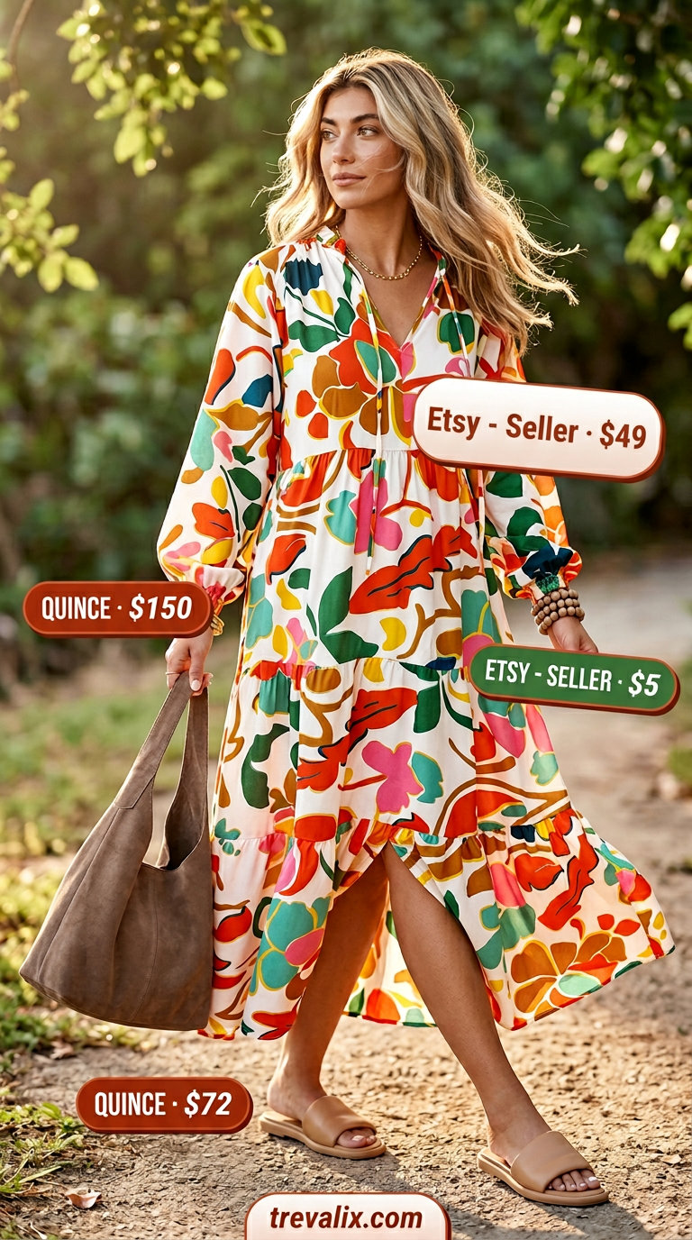 Bohemian maxi dress outfit for summer vacation 2026. Terracotta print, suede bag, and leather sandals.