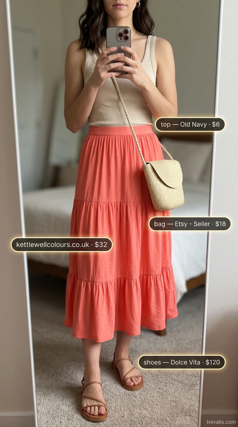 Vibrant coral midi skirt outfit for a summer date night 2026. Cream tank, straw bag, and strappy sandals.