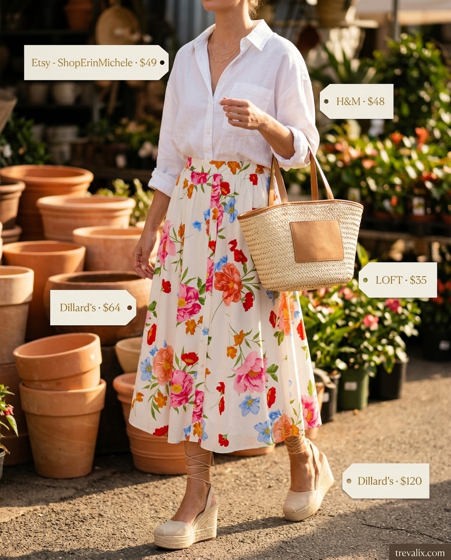Relaxed multicolor floral midi skirt outfit for seaside lunch 2026. Linen shirt, espadrilles, and straw tote.