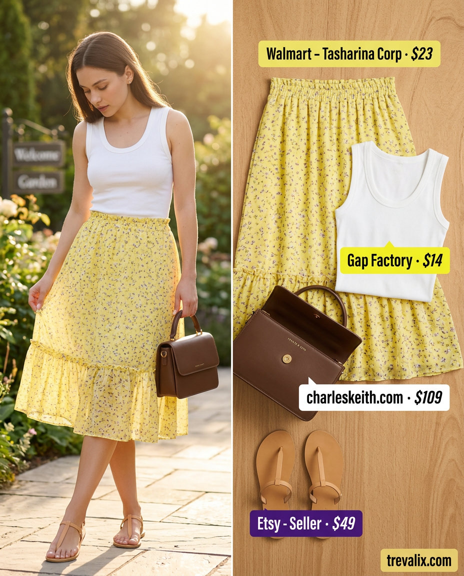 Playful lemon yellow floral mini skirt outfit for a garden party 2026. White tank, leather bag, and sandals.