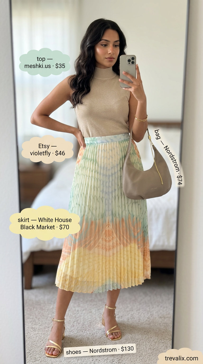 Chic mustard yellow pleated midi skirt outfit for summer evening 2026. Cream knit top, gold sandals, and chain bag.