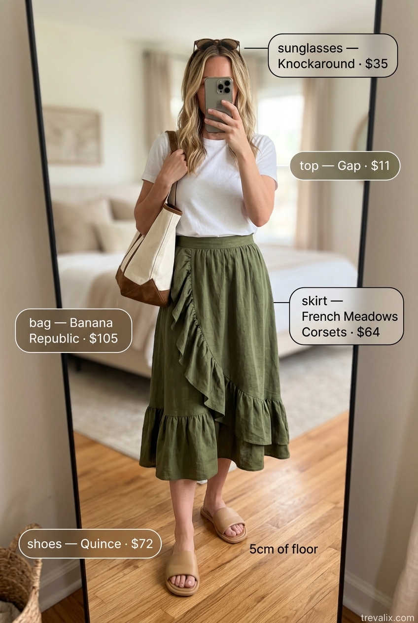 Effortless olive green linen midi skirt outfit for coastal getaway 2026. White tee, leather slides, and canvas tote.